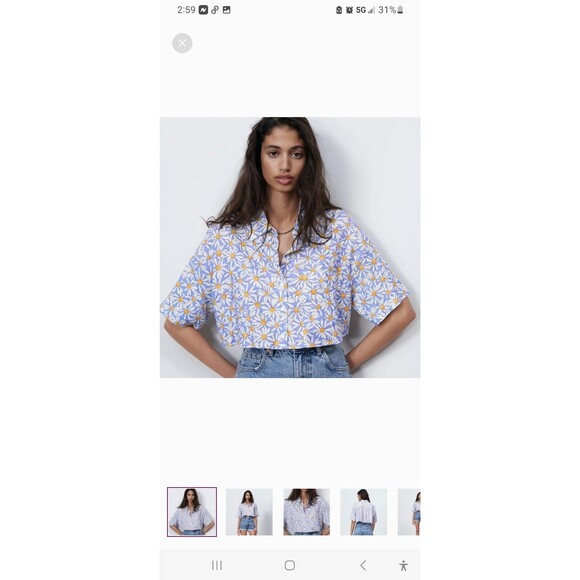 NWOT Ladies Zara Blue W/Daisy's Cropped Oversized SS Button Down Shirt Size S - Picture 1 of 8